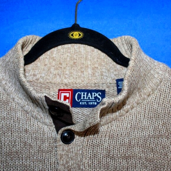 Chaps Mock Neck Sweater - Men's Size L - Tan Knit - Elbow Patches - Picture 2 of 13